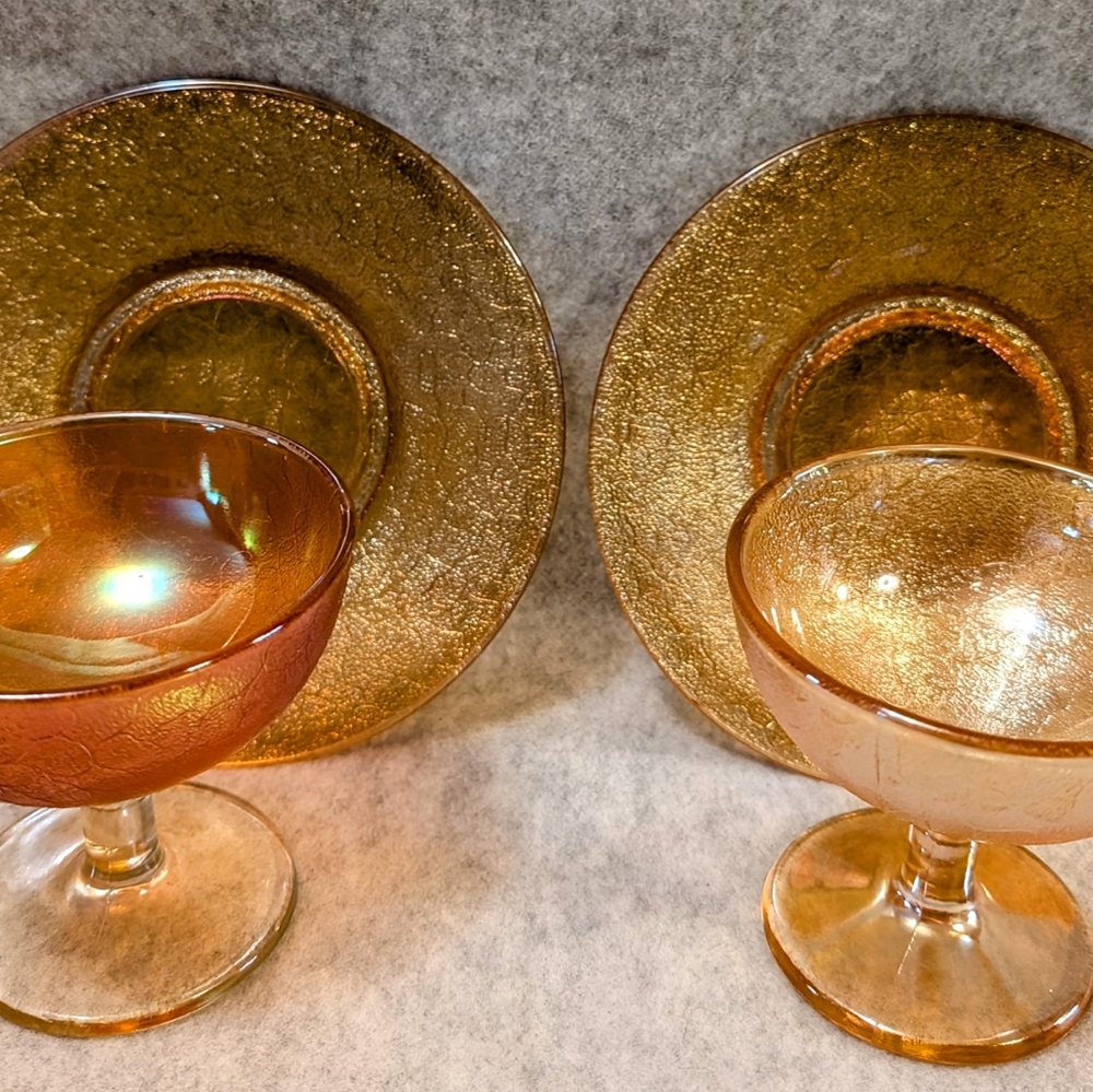 Vtg Jeannette Glass Set 2 Carnival Crackle Marigold Sherbert Glasses & 2 Saucers